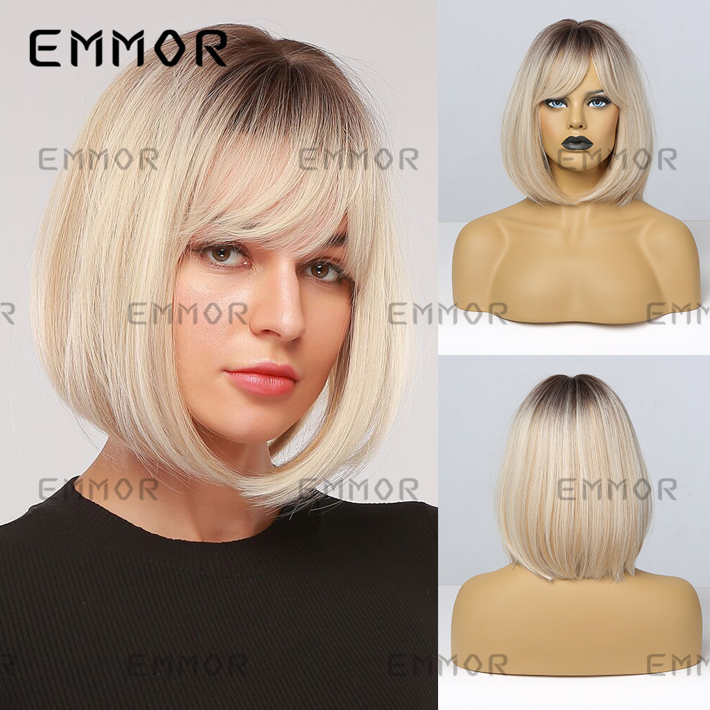 Emmor europeo y americano Amazon Comercio exterior peluca transfronteriza Gradiente de oro Pelo Corto BOB cabeza realista fibra química cubierta de la cabeza del pelo