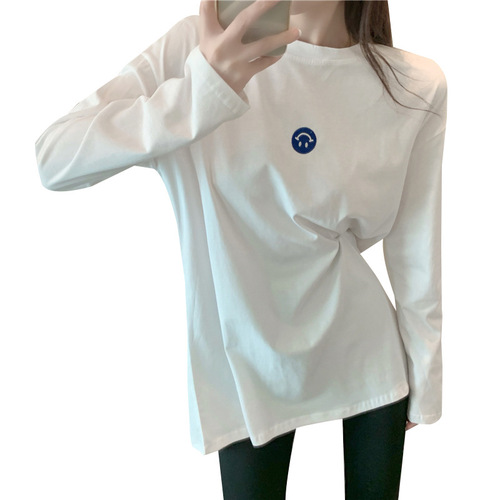 2023 new autumn Korean style loose embroidered white long-sleeved T-shirt for female students with bottoming shirt top ins trend