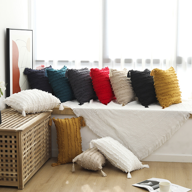 Carga de fábrica ins estilo Amazon algodón y lino corte flor encaje sofá cojín moderno color sólido borla almohada noche