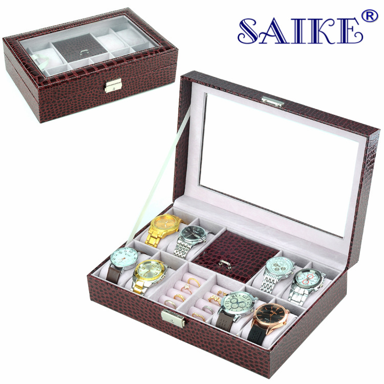 现货批发枣红色鳄鱼纹首饰盒pu手表盒首饰收纳盒手表礼品包装