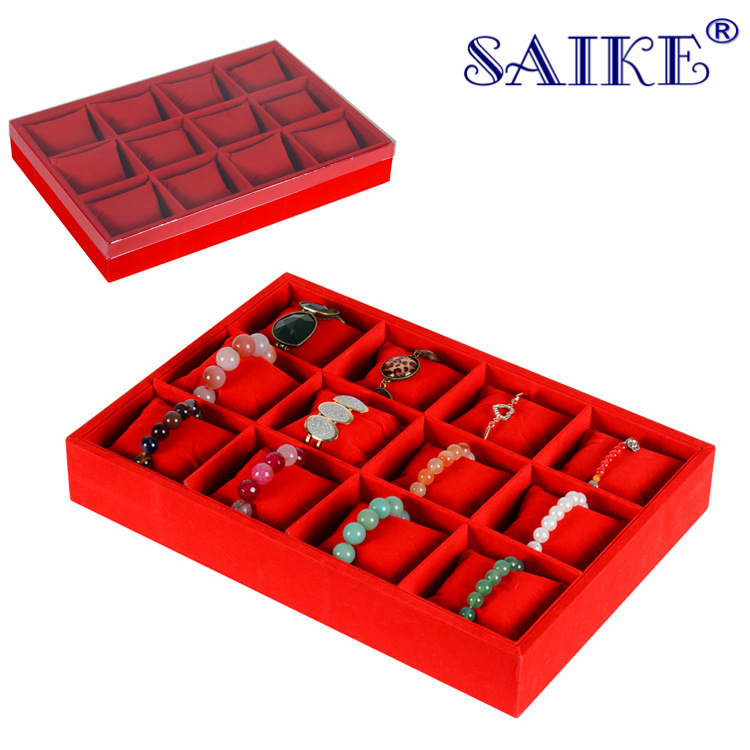 现货批发12格大红绒布手表盘手表托盘首饰收纳盘表盘手表展示托盘