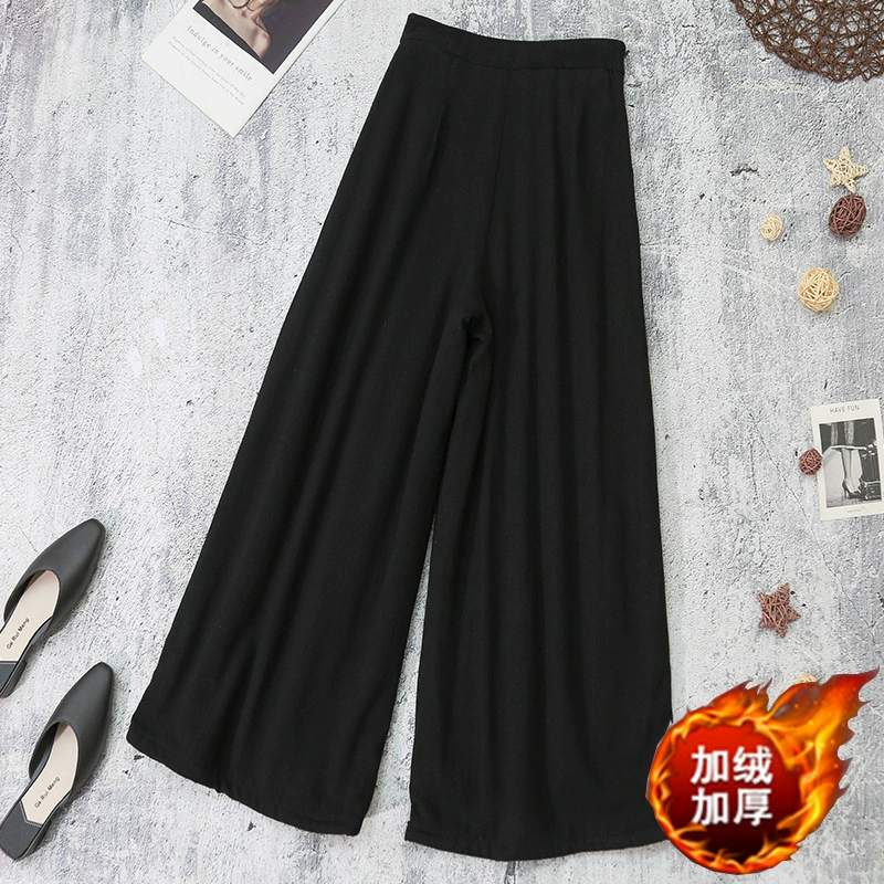 9007 Real в наличии, осенне-зимние утолщенные черные женские повседневные брюки с высокой талией, утепленные широкие брюки на флисовой подкладке