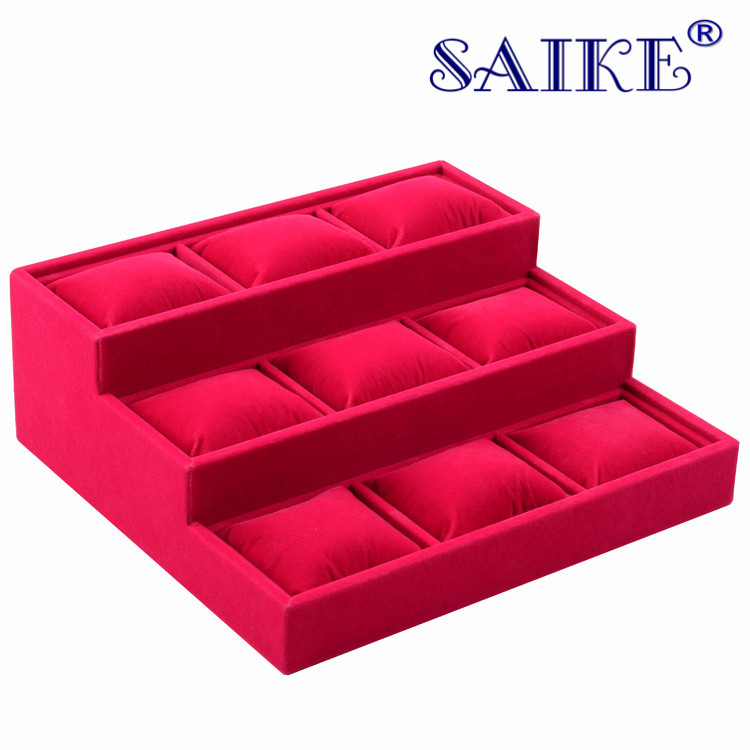 现货批发9格梯形手表盘手表托盘首饰收纳9位玫红长毛绒手表展示盘
