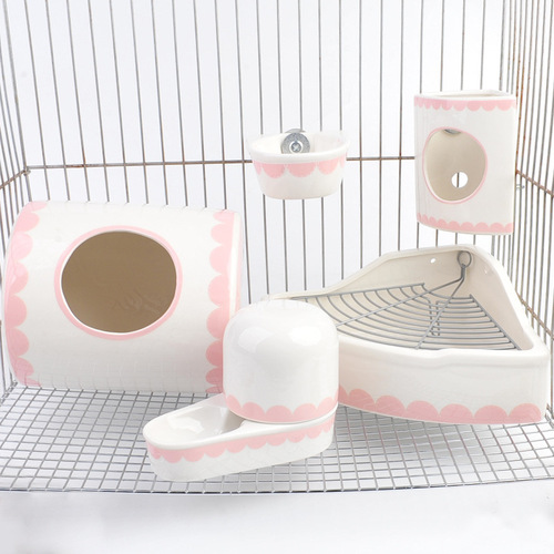 Chinchilla rabbit food bowl and drinker series ceramic set anti-turning anti-bite hanging cage pet feeder grain bowl