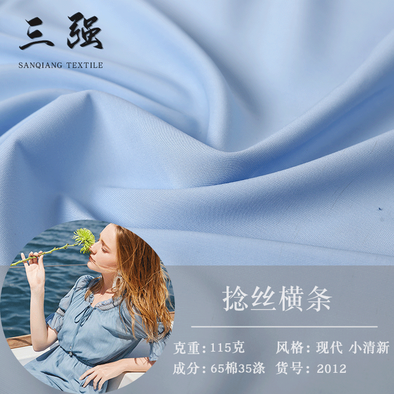 涤棉混纺平纹捻丝横条布 连衣裙园服衬衫 春夏裤装面料 现货
