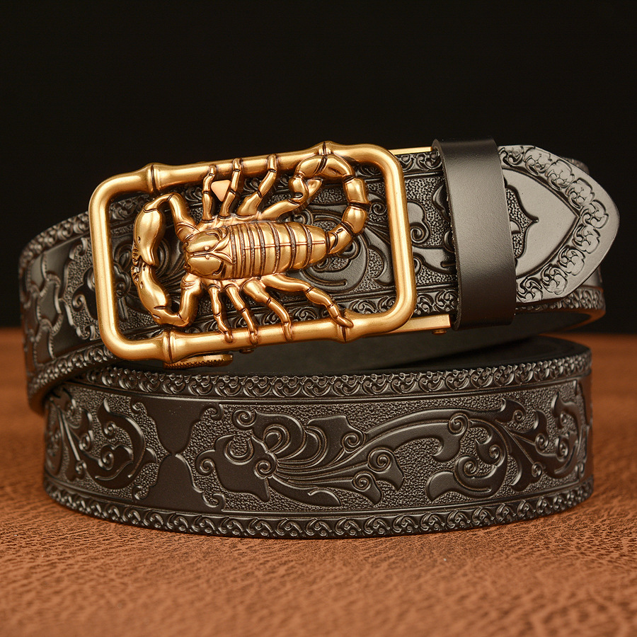 Minimalist Retro Leather Belt For Men With Automatic Buckle Floral_voghion.com