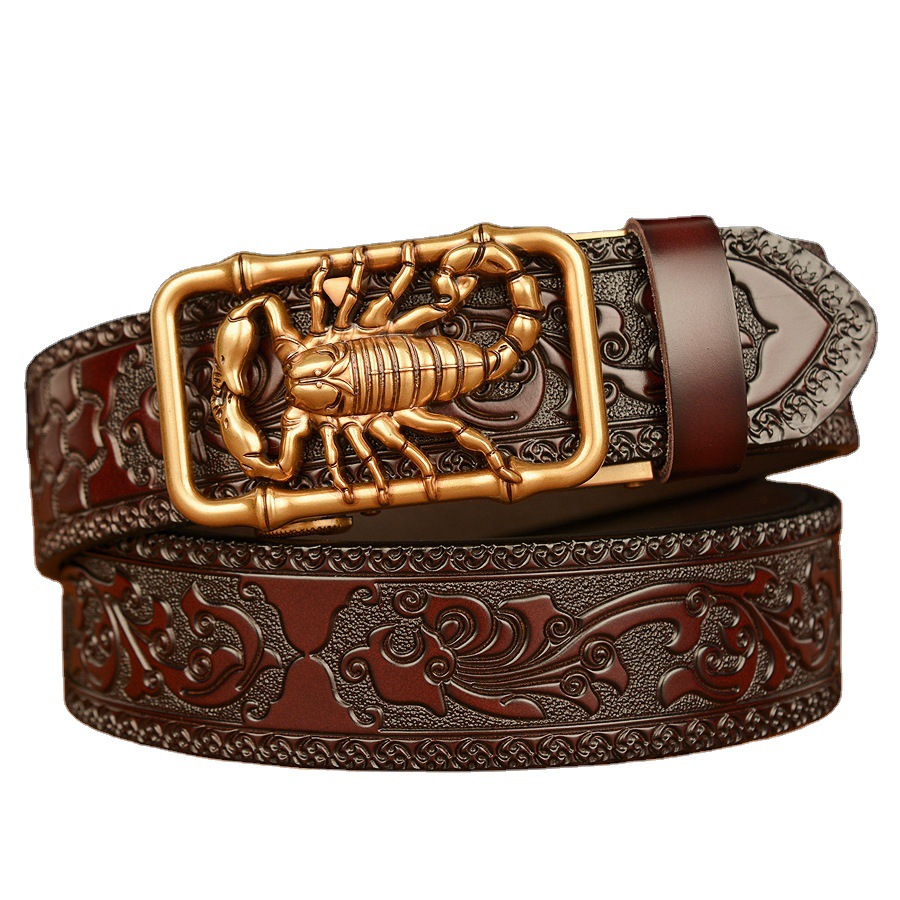 Minimalist Retro Leather Belt For Men With Automatic Buckle Floral_voghion.com