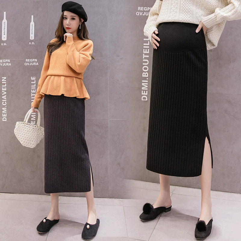 Юбка для беременных Осень-зима Вязаная юбка средней длины с разрезом живота Весна и осень Верхняя одежда Сплошной цвет Slim-Fit Сумка Юбка на руку