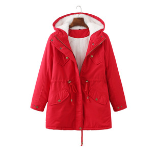 D733 Women's European Size Velvet Hooded Cotton Coat
