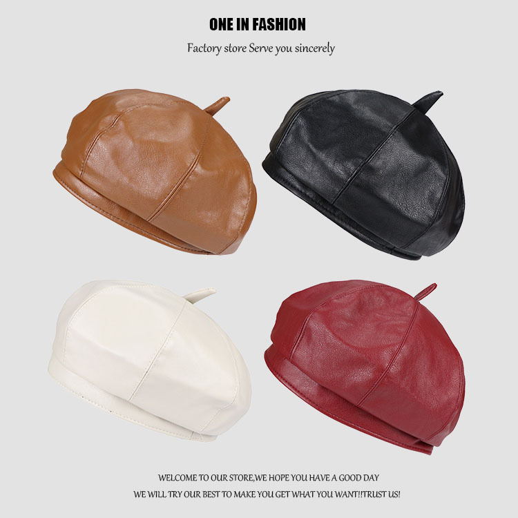 Pu boina de las mujeres de otoño e invierno versátil estilo japonés pintor calabaza sombrero negro británico retro cuero octogonal sombrero