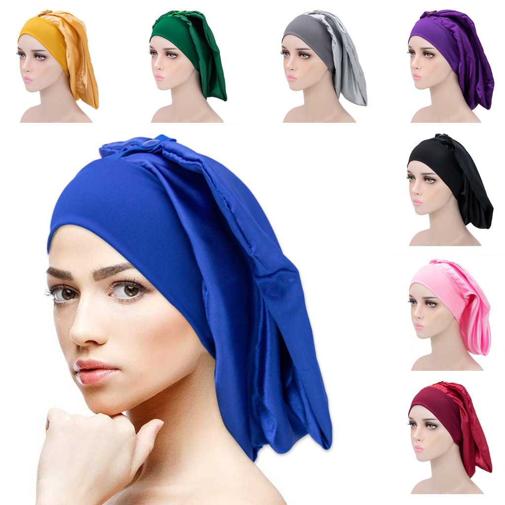 Amazon Hot Sale Metal Snap Long Barrel Sade Nightcap Solid Color Wide-brimmed Elastic Shower Cap Adult Chemotherapy Cap