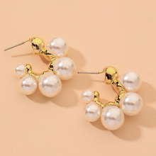 法式复古仿珍珠C形圆圈银针耳圈时尚简约个性高级感气质几何耳环