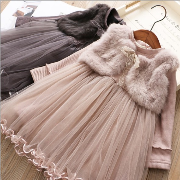 6028 children's autumn and winter new children's clothing girls' faux mink velvet fake two-piece baby fleece-lined princess dress dress