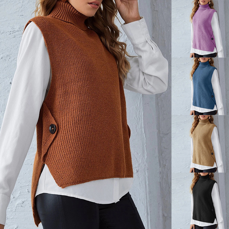 European and American Cross-border Amazon New Women's Vest Solid Color Knitted Turtleneck Pullover Sleeveless Sweater for Women