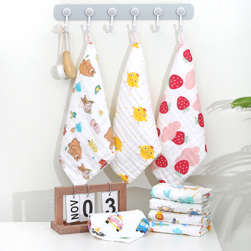 Six-layer pure cotton square towel, cotton gauze saliva towel, high-density cartoon small towel, printed handkerchief, infant face towel