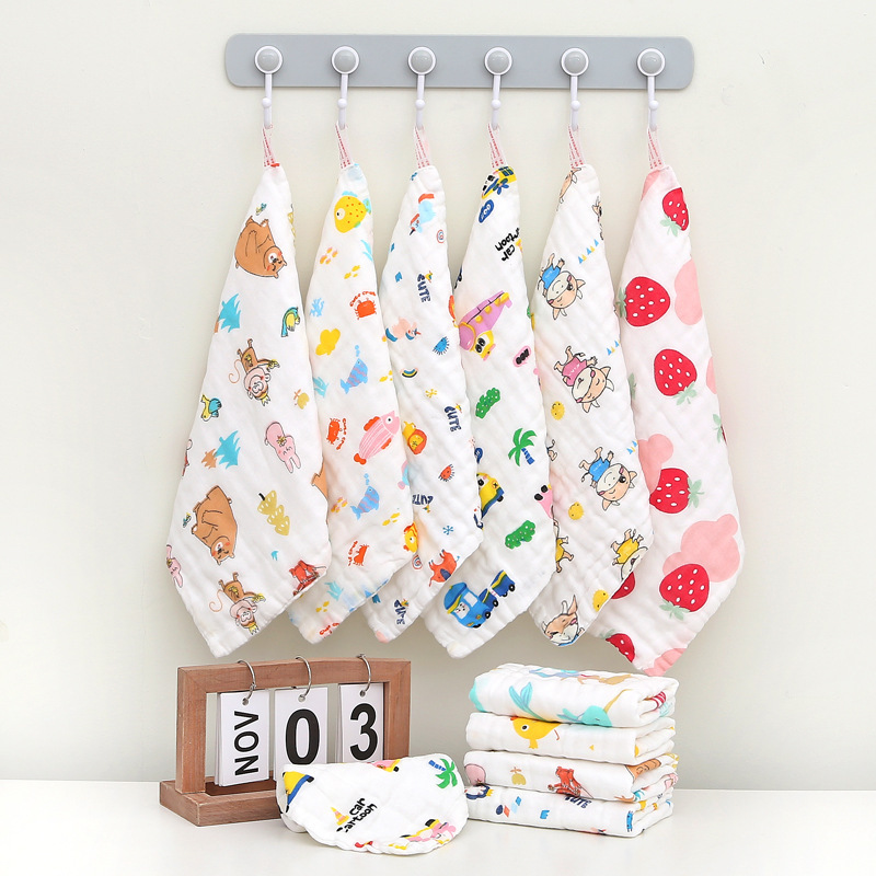 Cotton Square Towel Six-Layer Spit Towel High Density Children's Cotton Small Towel Pleated Printed Handkerchief Gauze Wipe Towel