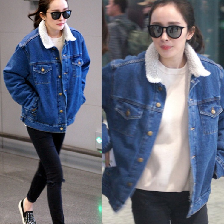 Celebrity Airport 2024 Yang Mi's Style Fleece-Lined Lamb Wool Denim Jacket Guo Caijie's Clothing Short Trendy Versatile