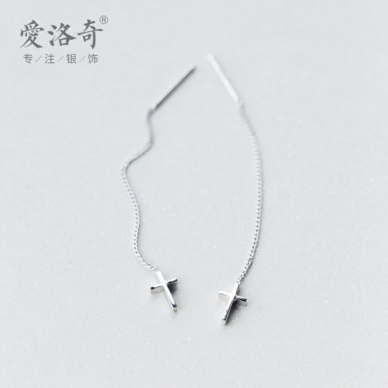 Lodge s925 línea de hongo blanco femenino versión coreana simple cruz larga brillante joyería de oreja fresca y dulce E3871