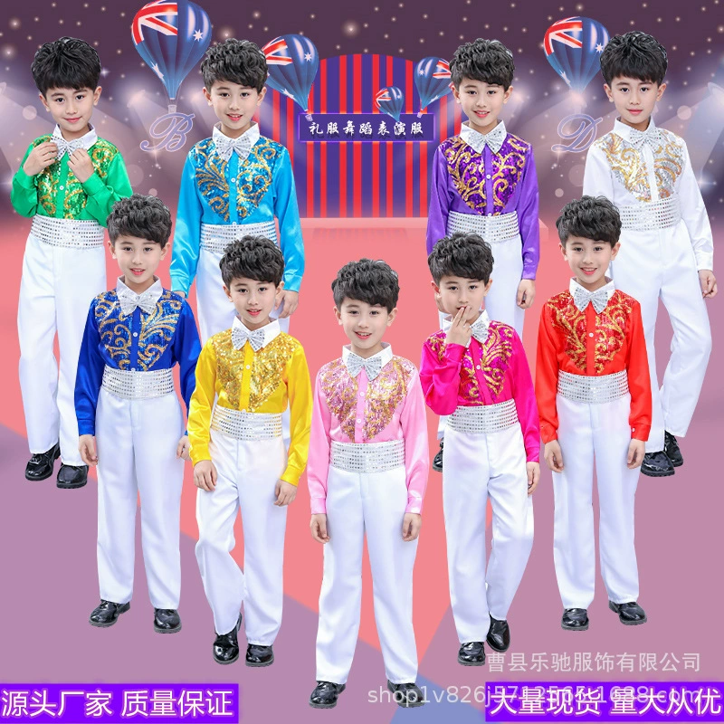 Новый год Детский праздничный костюм Мальчики Осень и зима с длинным рукавом пайетками хост платье хор одежда костюм Источник производителей