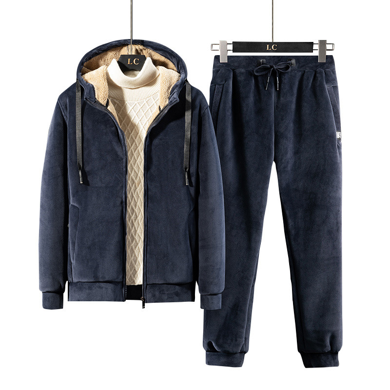 Herrenbekleidung Silberfuchs Fleece Paar Pullover Anzug Herren plus Samt verdickt Gold Seide Sportbekleidung Herbst und Winter Lamm Fleece zweiteiliger Anzug_voghion.com