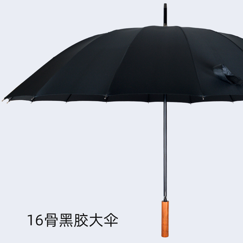 16-Rib Long-Handle Umbrella, Large Double-Sized Umbrella with Wooden Handle, Reinforced Wind-Resistant, Black Coating for Sun Protection and Uv Protection, Solid Color