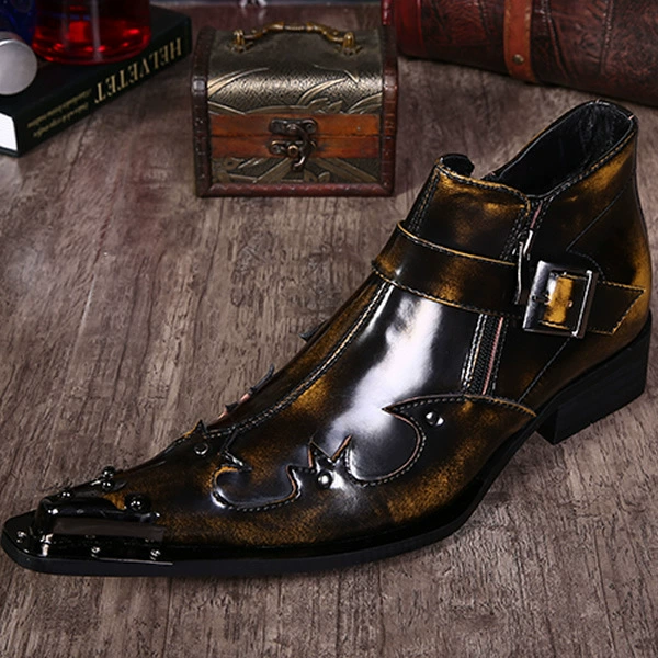 2014 новые модные сапоги мужские кожаные сапоги с острым носком модные британские короткие сапоги с заклепками ночной клуб парикмахер кожаная обувь одиночные сапоги