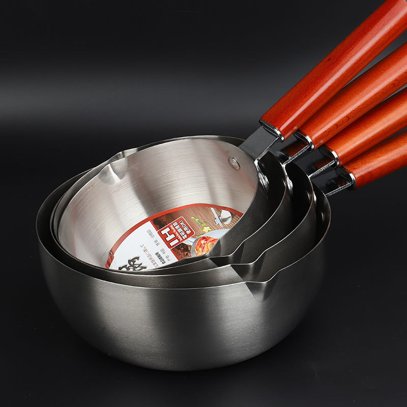 Japanese-Style Wooden Handle Snow Pan 201 Stainless Steel Composite Multi-Layer Frying Pan Mini Frying Pan Milk Pan Non-Stick Pan