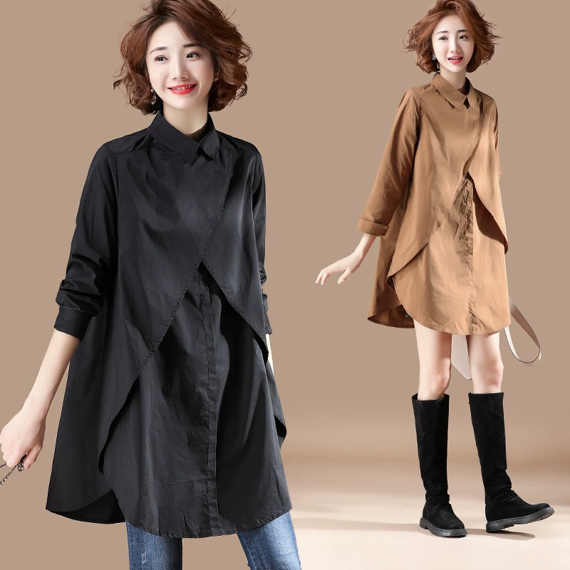 Женская рубашка больших размеров черного цвета на раннюю весну 2025 года, новая, с длинным рукавом, средней длины, в гонконгском стиле, свободного кроя