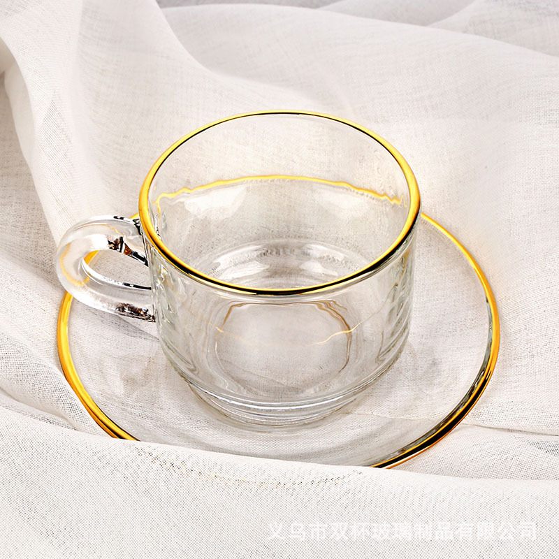 Manzana verde borde dorado 6 tazas 6 platos engrosada taza de café y platillo traje de vidrio transparente taza de té de la tarde taza de regalo