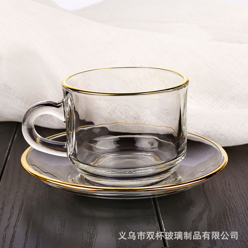Manzana verde borde dorado 6 tazas 6 platos engrosada taza de café y platillo traje de vidrio transparente taza de té de la tarde taza de regalo