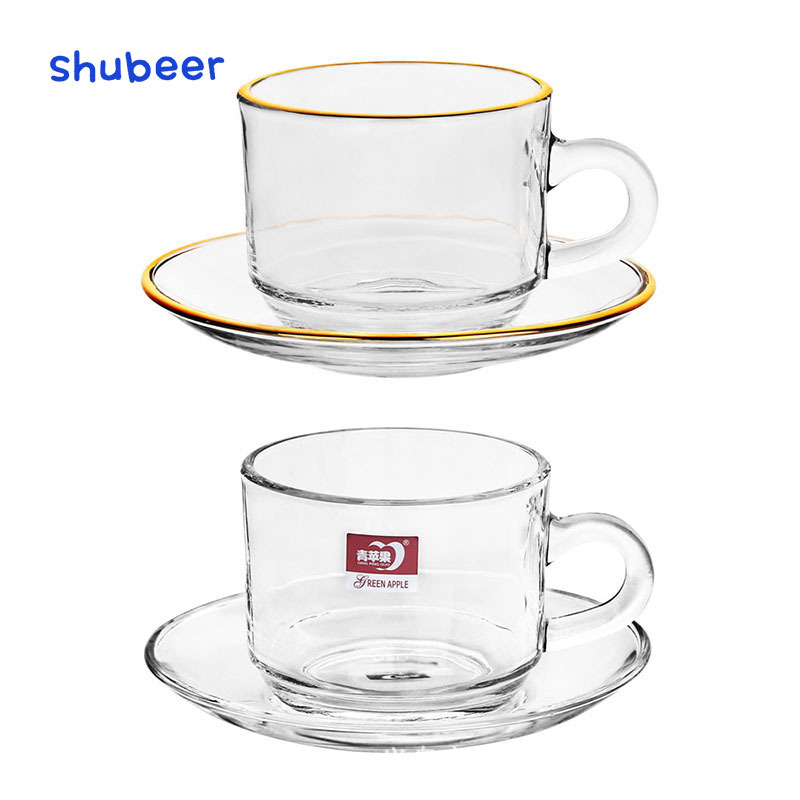 Manzana verde borde dorado 6 tazas 6 platos engrosada taza de café y platillo traje de vidrio transparente taza de té de la tarde taza de regalo