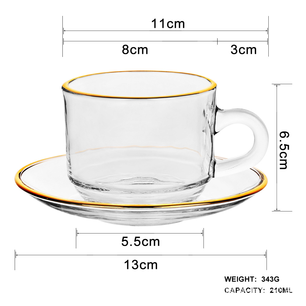 Manzana verde borde dorado 6 tazas 6 platos engrosada taza de café y platillo traje de vidrio transparente taza de té de la tarde taza de regalo