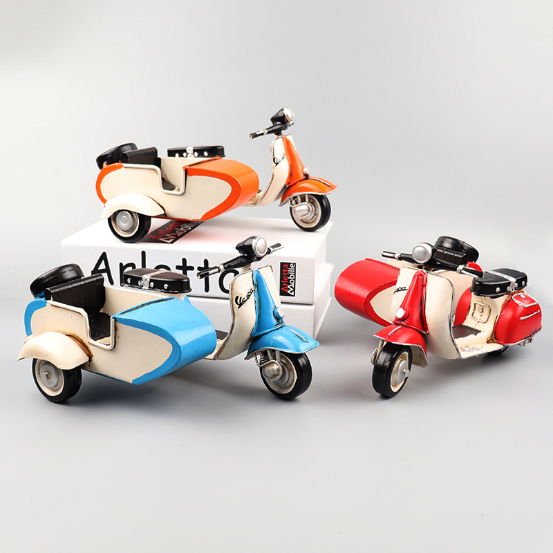跨斗VESPA偏三轮摩托车模型铁皮小踏板工艺品橱窗收藏装饰品摆件