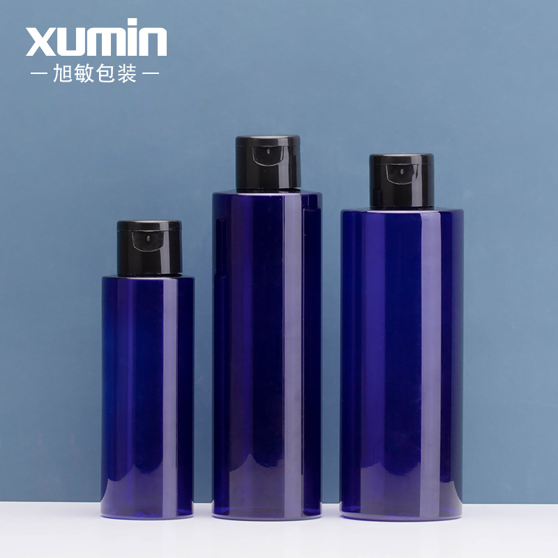 100-200MLPET纯露瓶兰色平肩配黑蝴蝶盖盖瓶旭敏包材分装瓶化妆品