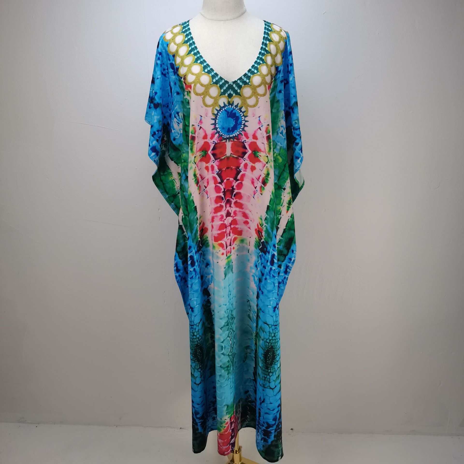 Europa y América verde serpiente impresión suelta más tamaño traje de playa vestido bikini cover up vacaciones sol protección camisa 1D39