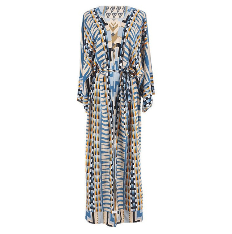 European And American Style Cotton Cardigan Sexy Printed Belt Beach Cover up Wholesale Vacation Dress Bikini Cover_ecoleips.com