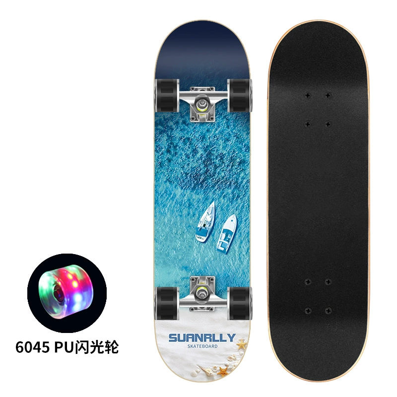 Polyurethane flash skateboard, 80×20 cm, double-kick deck, 6045 PU wheels, 300 lb load