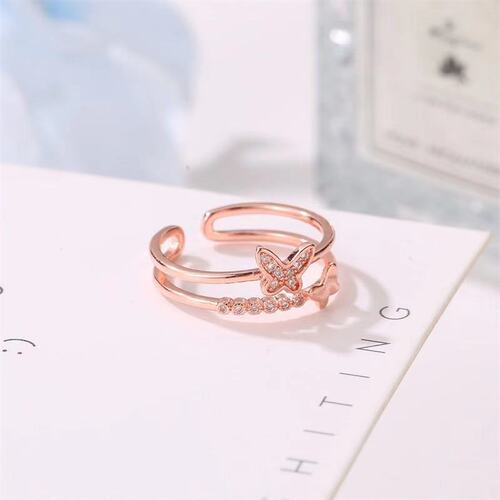 Cross-border fashion jewelry European and American double-layer butterfly ring female popular rose gold diamond inlaid opening adjustable ring 