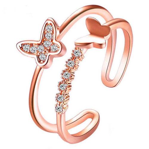 Cross-border fashion jewelry European and American double-layer butterfly ring female popular rose gold diamond inlaid opening adjustable ring 