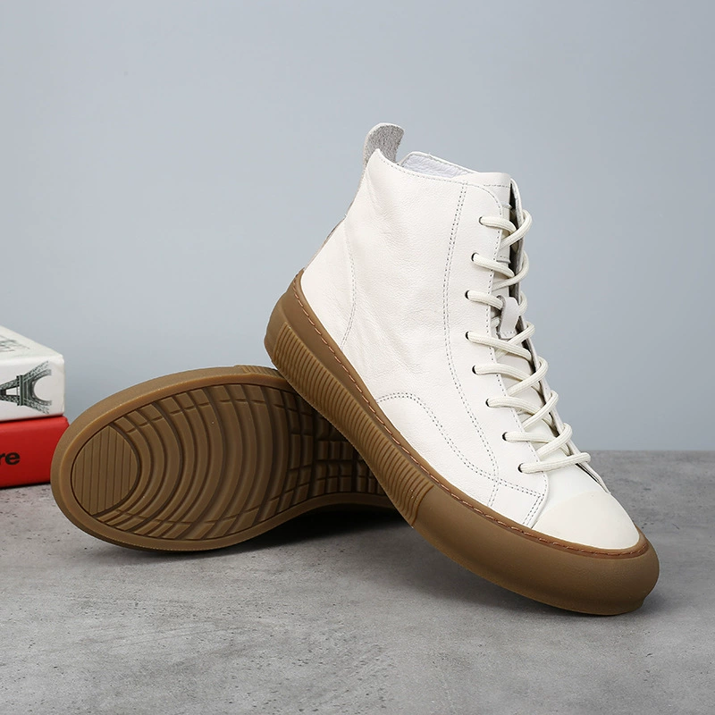 Осенне-зимние Новые однотонные кроссовки из воловьей кожи первого слоя на шнуровке, мужские высокие туфли на плоской подошве, простая повседневная мужская обувь, мужские белые туфли
