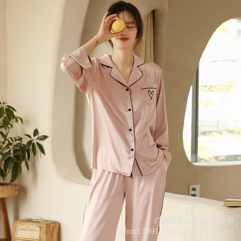 유럽과 미국의 얼음 실크 잠옷, 작은 옷깃 가디건, 긴팔 바지, 실크 투피스 세트, 여성용 얼음 실크 가정복, 얇은