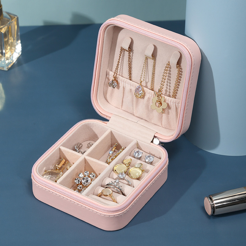 Joyero simple de cuero PU de suministro directo transfronterizo, caja de almacenamiento de joyería portátil creativa, pendiente, anillo, joyero pequeño