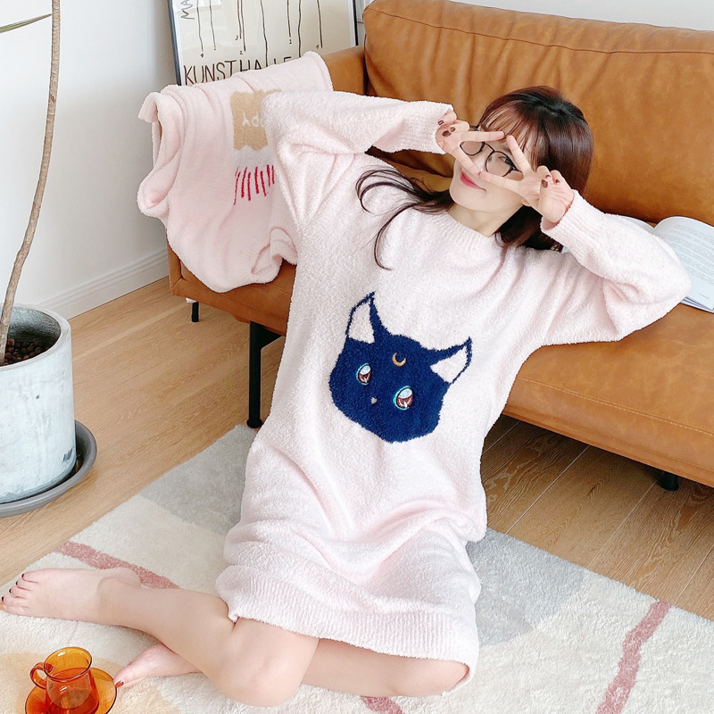 Cartoon Soft Nightgown Women's Autumn and Winter Long Thickened Coral Fleece Long Sleeve Cute Sweet Pajamas Loose Home Clothes