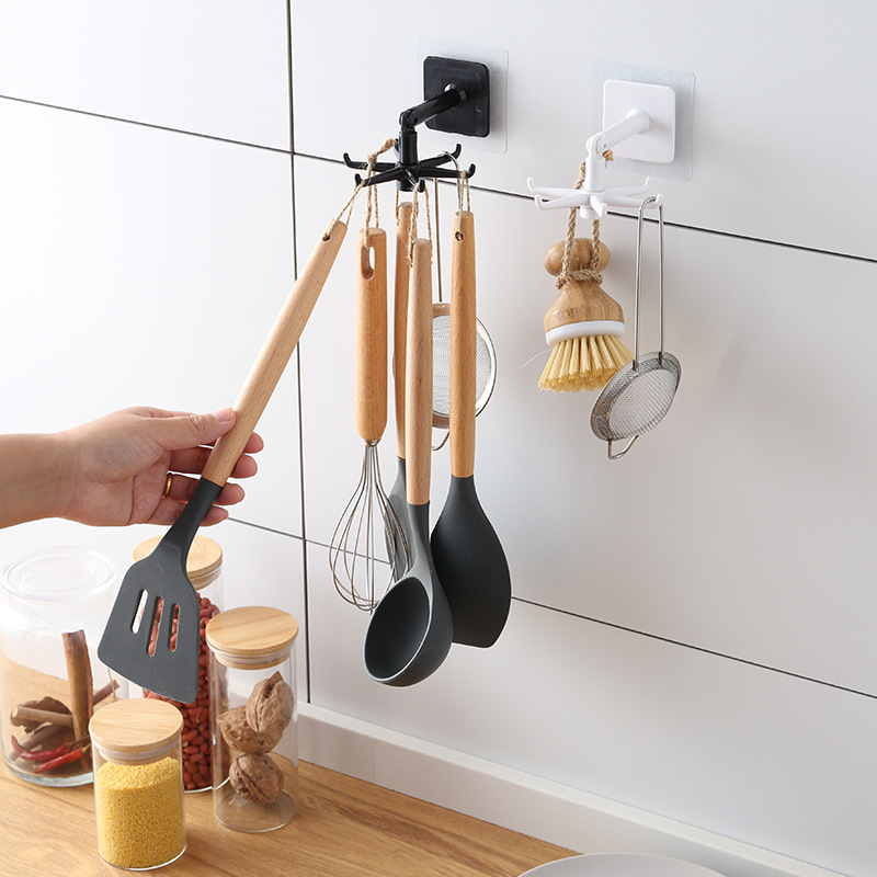 Multifunctional Rotatable Hook Without Punching Strong Adhesive Storage Rack Kitchen Bathroom Spatula Cooking Utensils Small Objects
