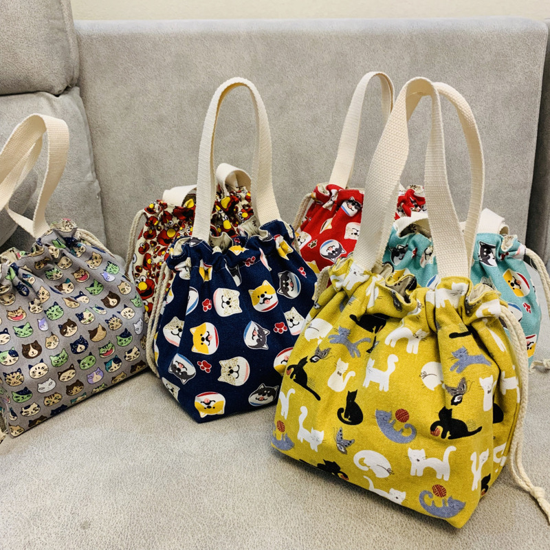 Cross-Border Japanese-Style Lunch Box Bag, Bento Bag, Drawstring Storage Bag, Cute Handbag, Mommy Bag, Canvas Bag