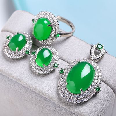 Chalcedony three piece set 925 Chalcedony luxury Set suit live broadcast Best Sellers Ring Necklace