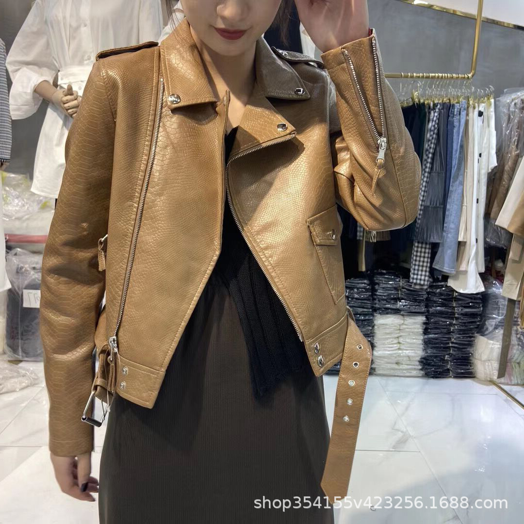 Leather Jacket Women's Short Spring and Autum 2025 New Korean Style Slim Slim Snake Pattern Motorcycle Suit Brown Jacket Autum