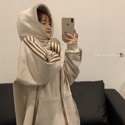 2024 New Autumn and Winter Clothing Lazy Style fleece-lined Thickened Sweater Women's Hooded Loose All-match Zipper Cardigan Jacket Trendy