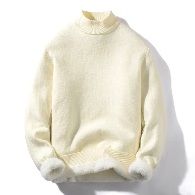 Sweater men's 2024 new semi high neck thickened velvet Korean version solid color base knitted sweater one-piece thread_voghion.com