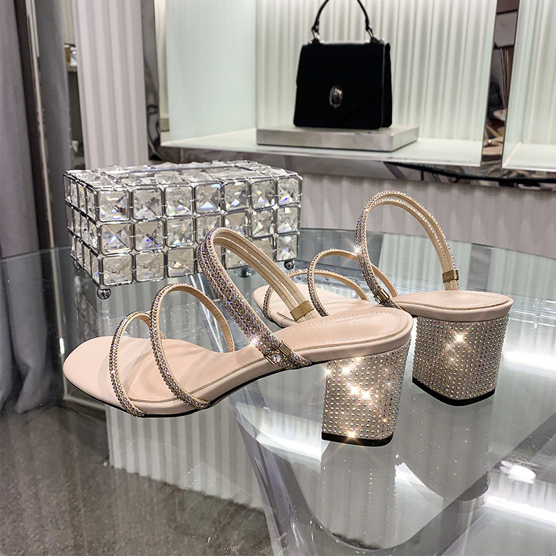 New Rhinestone Cyber Celebrity High Heel Shoes One-word Belt Two-wear Slippers Fairy Style Mid-heel Thick Heel Large Size Roman Sandals for Women